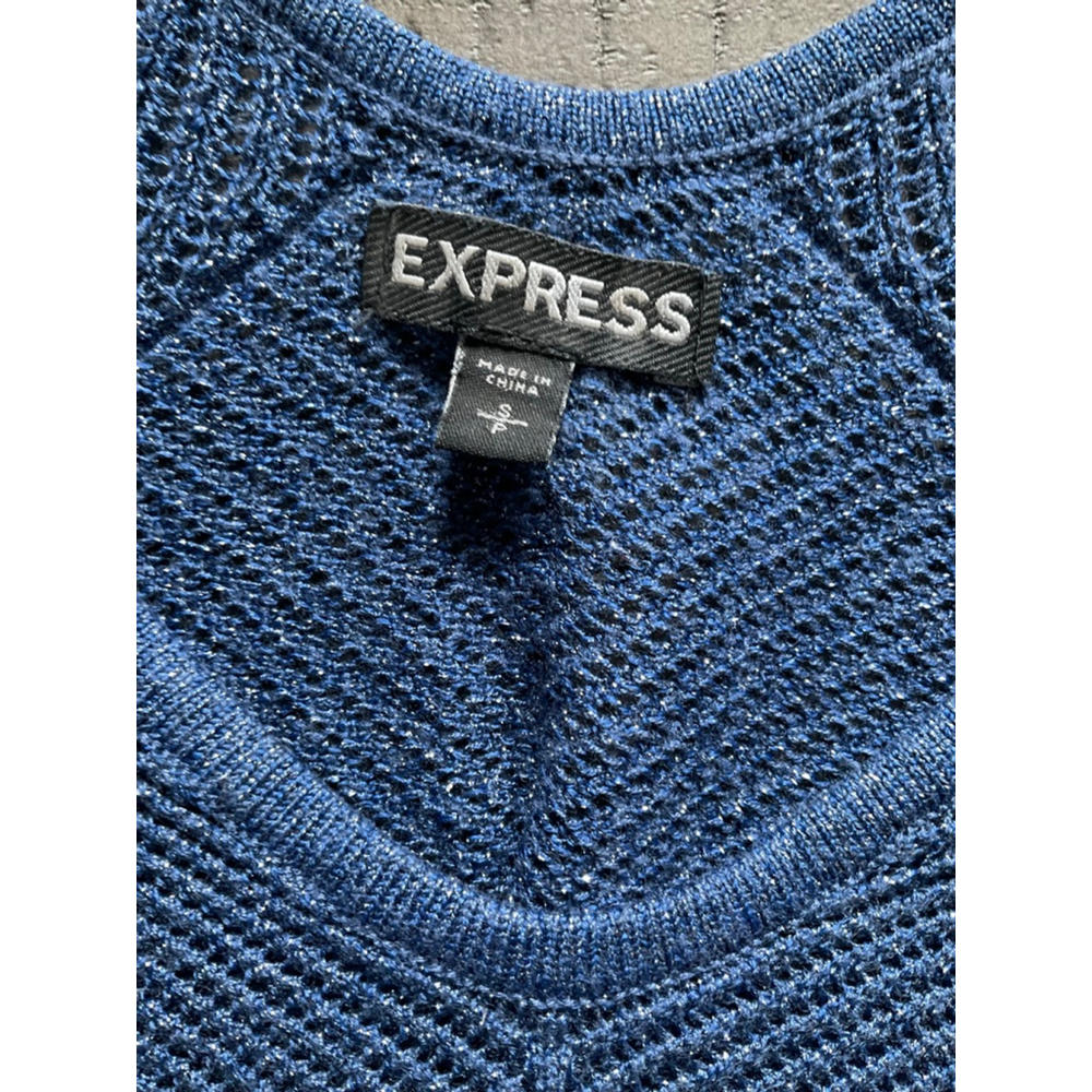 Express Metallic Blue Semi Sheer Knit Sweater Boxy Small Short Sleeve - Picture 4 of 7